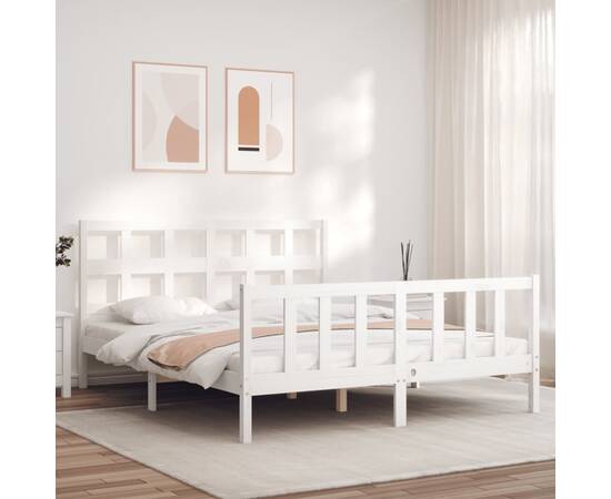 Cadru de pat cu tăblie, alb, lemn masiv, king size 5ft