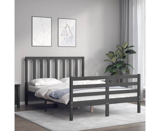 Cadru de pat cu tăblie, gri, lemn masiv, dublu 4ft6, 3 image