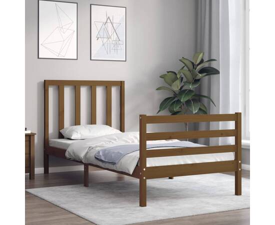 Cadru de pat cu tăblie, maro miere, 90x200 cm, lemn masiv, 3 image