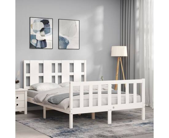 Cadru de pat cu tăblie, 140x190 cm, alb, lemn masiv, 3 image