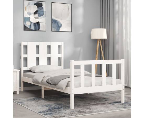 Cadru de pat cu tăblie, alb, 90x200 cm, lemn masiv, 3 image