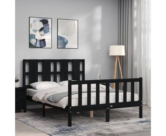 Cadru de pat cu tăblie 4ft, dublu mic, negru, lemn masiv, 3 image