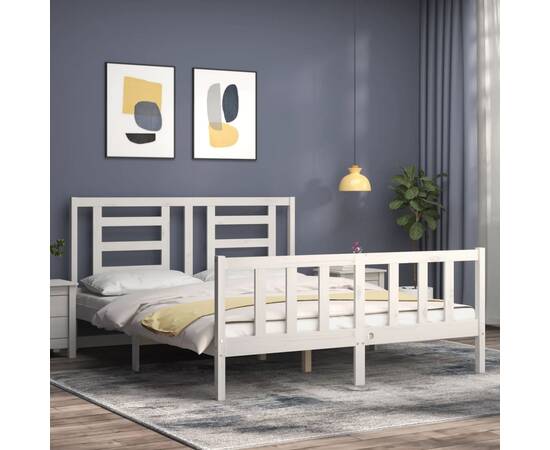 Cadru de pat cu tăblie, alb, lemn masiv, king size 5ft, 3 image