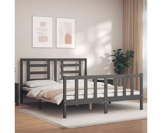 Cadru de pat cu tăblie, gri, lemn masiv, king size 5ft