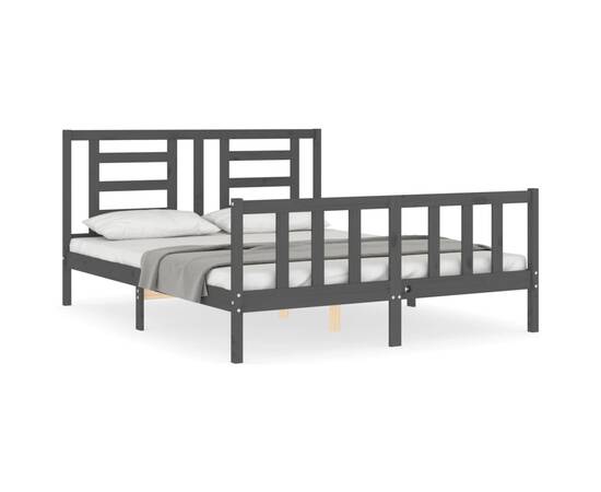 Cadru de pat cu tăblie, gri, lemn masiv, king size 5ft, 2 image