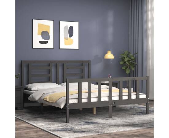 Cadru de pat cu tăblie, gri, lemn masiv, king size 5ft, 3 image