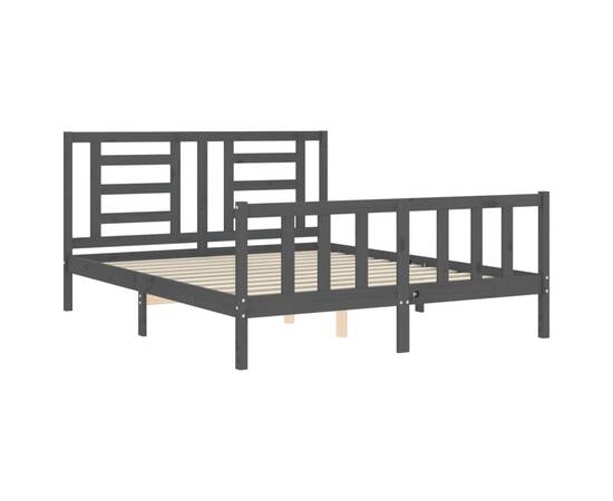 Cadru de pat cu tăblie, gri, lemn masiv, king size 5ft, 5 image