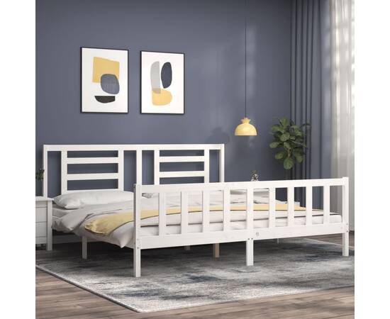 Cadru pat cu tăblie 200x200 cm, alb, lemn masiv, 3 image