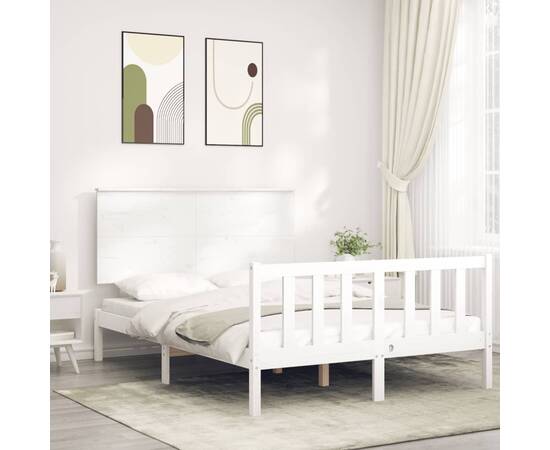 Cadru de pat cu tăblie, alb, lemn masiv, dublu 4ft6