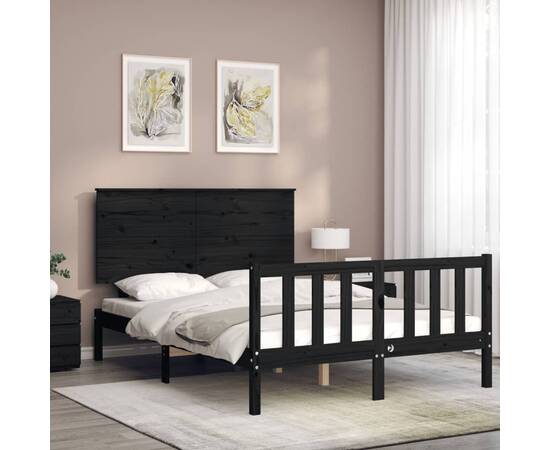 Cadru de pat cu tăblie, negru, 140x190 cm, lemn masiv, 3 image