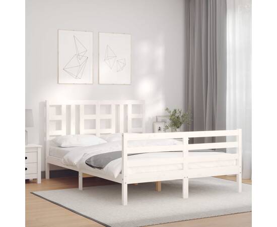 Cadru de pat cu tăblie, alb, lemn masiv, king size 5ft, 3 image