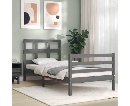 Cadru de pat cu tăblie, gri, 90x200 cm, lemn masiv, 3 image