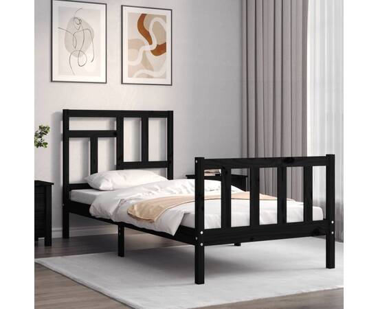 Cadru de pat cu tăblie 3ft, single, negru, lemn masiv, 3 image