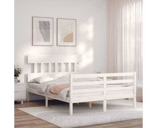 Cadru de pat cu tăblie, alb, lemn masiv, dublu 4ft6, 3 image
