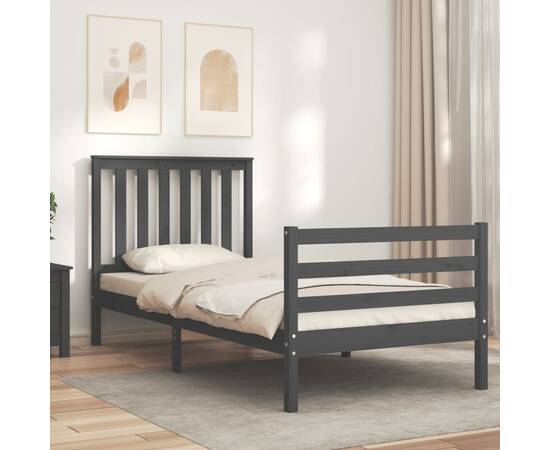 Cadru de pat cu tăblie, gri, 90x200 cm, lemn masiv, 3 image