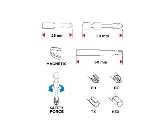 Varfuri, biti, de impact, cu adaptor magnetic, set 23 buc, 25-50 mm, graphite, 2 image