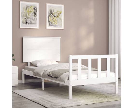 Cadru de pat cu tăblie 3ft, single, alb, lemn masiv, 3 image