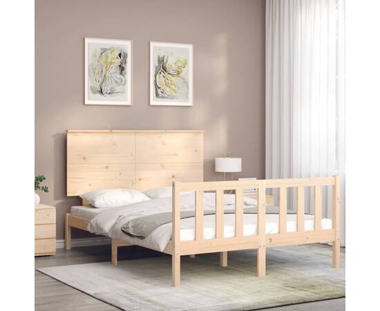 Cadru de pat cu tăblie 4ft, dublu mic, lemn masiv, 3 image