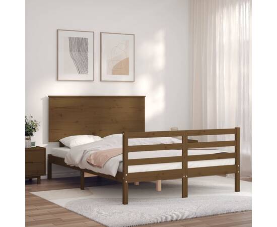 Cadru de pat cu tăblie 4ft, dublu mic, maro miere, lemn masiv, 3 image