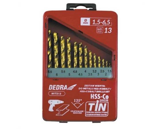 Burghiu pentru metal, hss + cobalt + tin, 135°, set 13 buc, dedra