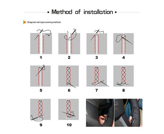 Husa volan din PIELE NATURALA CU DOUA DUNGI ROSII, pentru autoturisme, diametru 37 - 39 cm, cu ac si ata (se coase, aspect ORIGINAL), 4 image