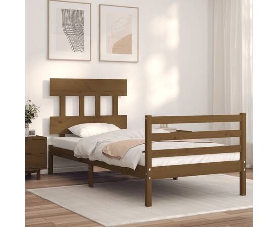 Cadru de pat cu tăblie, maro miere, 90x200 cm, lemn masiv, 3 image