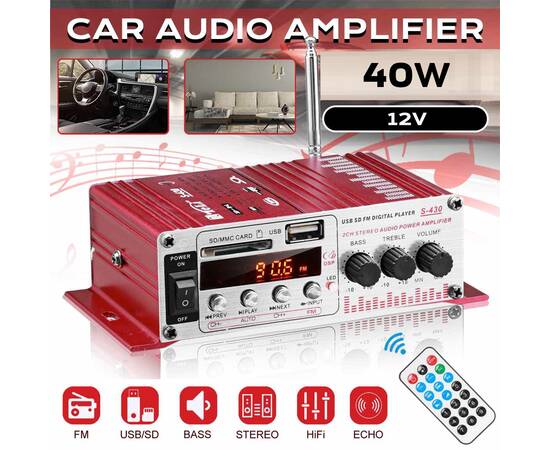 MINI amplificator auto, stereo, 12V, 40 W, radio FM, citire USB sau card SD, cu telecomanda