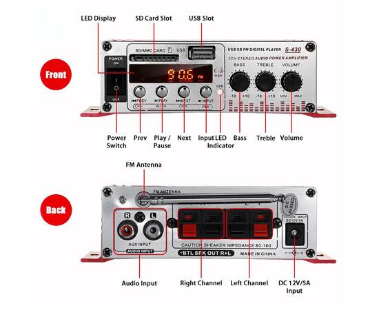 MINI amplificator auto, stereo, 12V, 40 W, radio FM, citire USB sau card SD, cu telecomanda, 3 image