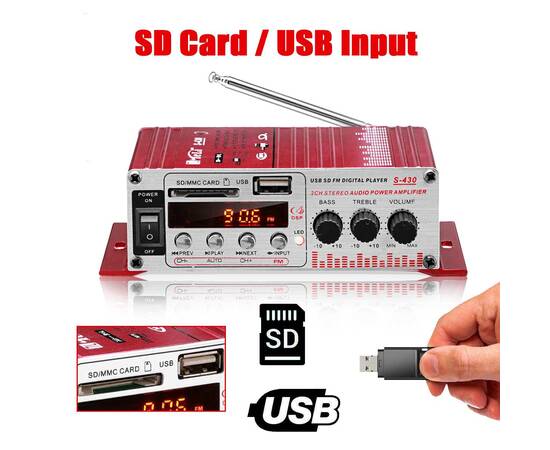 MINI amplificator auto, stereo, 12V, 40 W, radio FM, citire USB sau card SD, cu telecomanda, 4 image