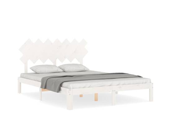 Cadru de pat cu tăblie, 140x190 cm, alb, lemn masiv, 2 image