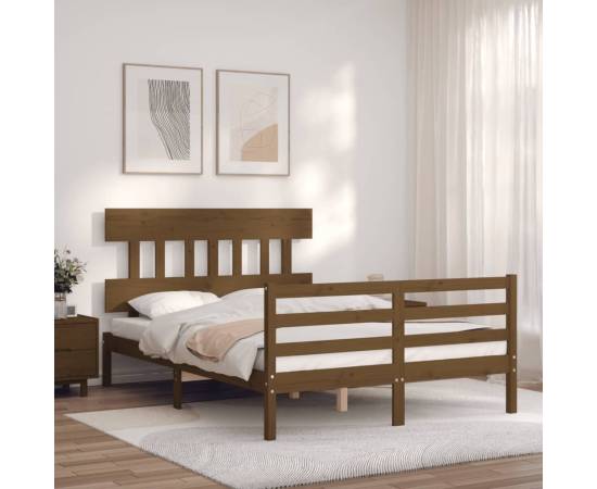 Cadru de pat cu tăblie, dublu mic, maro miere, lemn masiv, 3 image