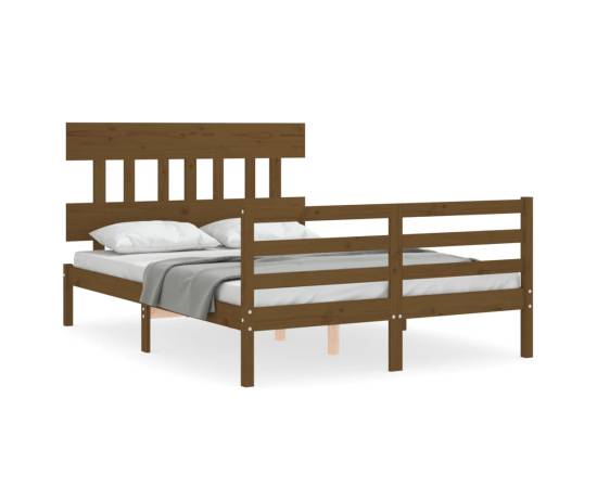 Cadru de pat cu tăblie, dublu mic, maro miere, lemn masiv, 2 image