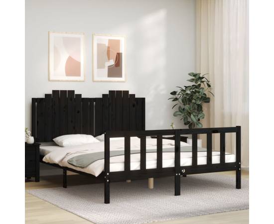Cadru de pat cu tăblie, negru, king size, lemn masiv, 3 image