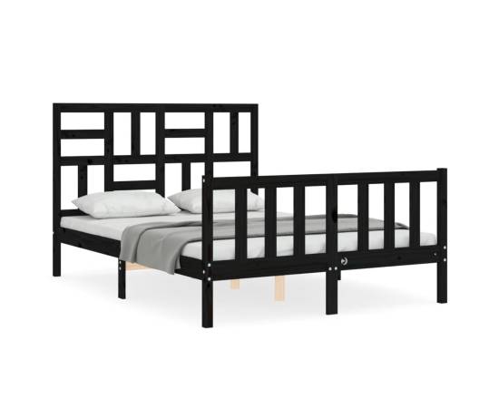 Cadru de pat cu tăblie dublu mic, negru, lemn masiv, 2 image