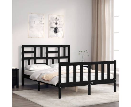 Cadru de pat cu tăblie dublu mic, negru, lemn masiv, 3 image