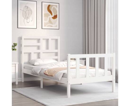 Cadru de pat cu tăblie single, alb, lemn masiv, 3 image