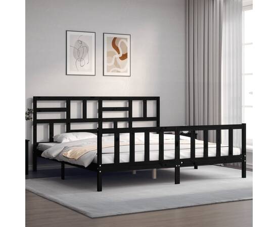 Cadru pat cu tăblie 200x200 cm, negru, lemn masiv, 3 image