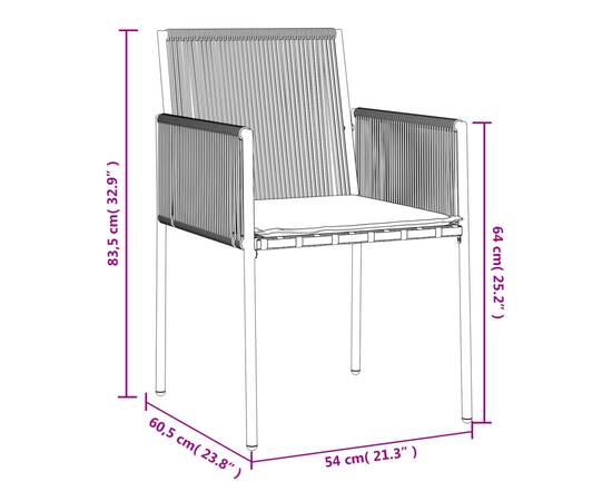 Scaune grădină cu perne 2 buc. negru 54x60,5x83,5 cm poliratan, 9 image
