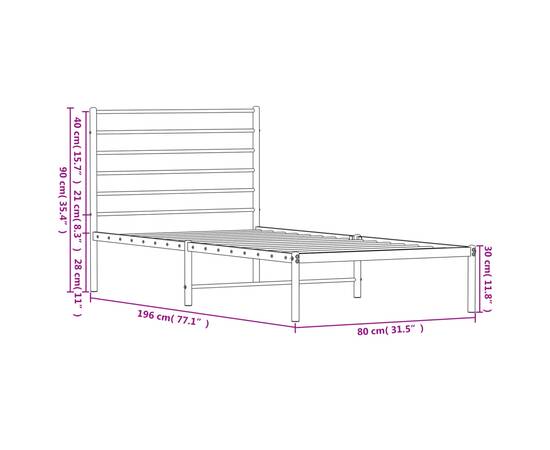 Cadru de pat metalic cu tăblie, alb, 75x190 cm, 10 image