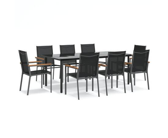 Set mobilier de grădină, 9 piese, negru, textilenă și oțel, 2 image