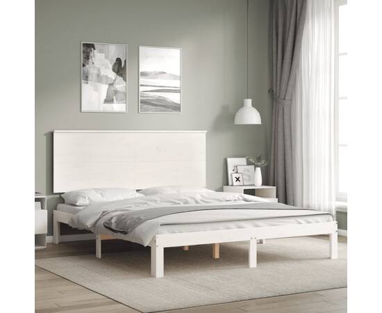 Cadru de pat cu tăblie, alb, king size, lemn masiv, 3 image