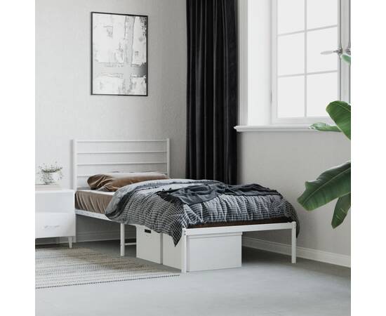 Cadru de pat din metal cu tăblie, alb, 107x203 cm