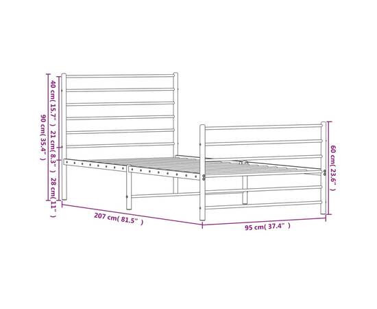 Cadru de pat metalic cu tăblie de cap/picioare, alb, 90x200 cm, 10 image