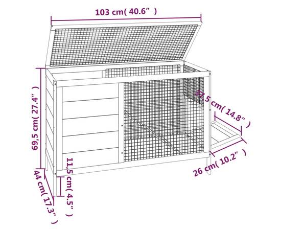 Cușcă pentru iepuri roșu 103x44x69,5 cm lemn masiv de pin, 6 image