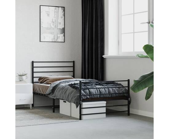 Cadru pat metalic cu tăblii de cap/picioare, negru, 107x203 cm