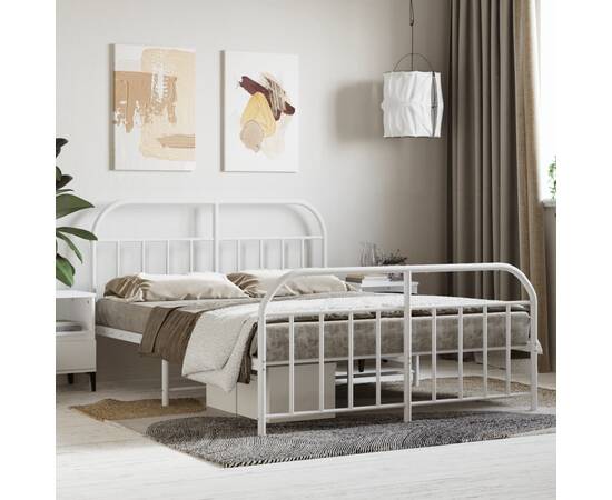 Cadru de pat metalic cu tăblie, alb, 135x190 cm