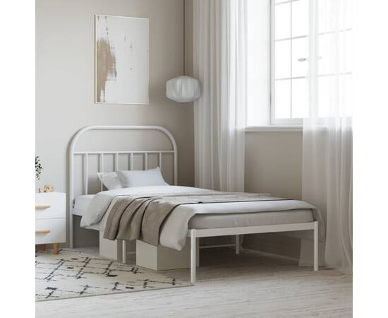 Cadru de pat din metal cu tăblie, alb, 100x200 cm