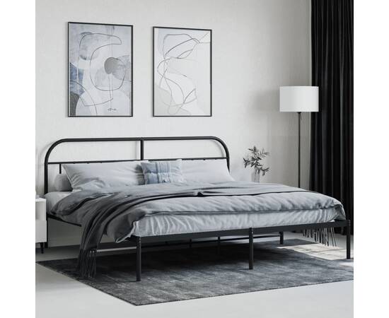 Cadru de pat metalic cu tăblie, negru, 200x200 cm, 3 image