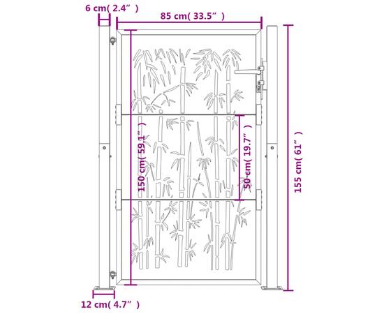 Poartă pentru grădină, 105x155 cm, oțel corten, model bambus, 11 image