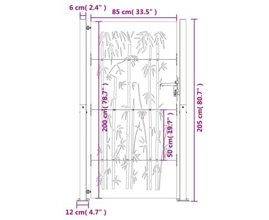 Poartă pentru grădină, 105x205 cm, oțel corten, model bambus, 11 image